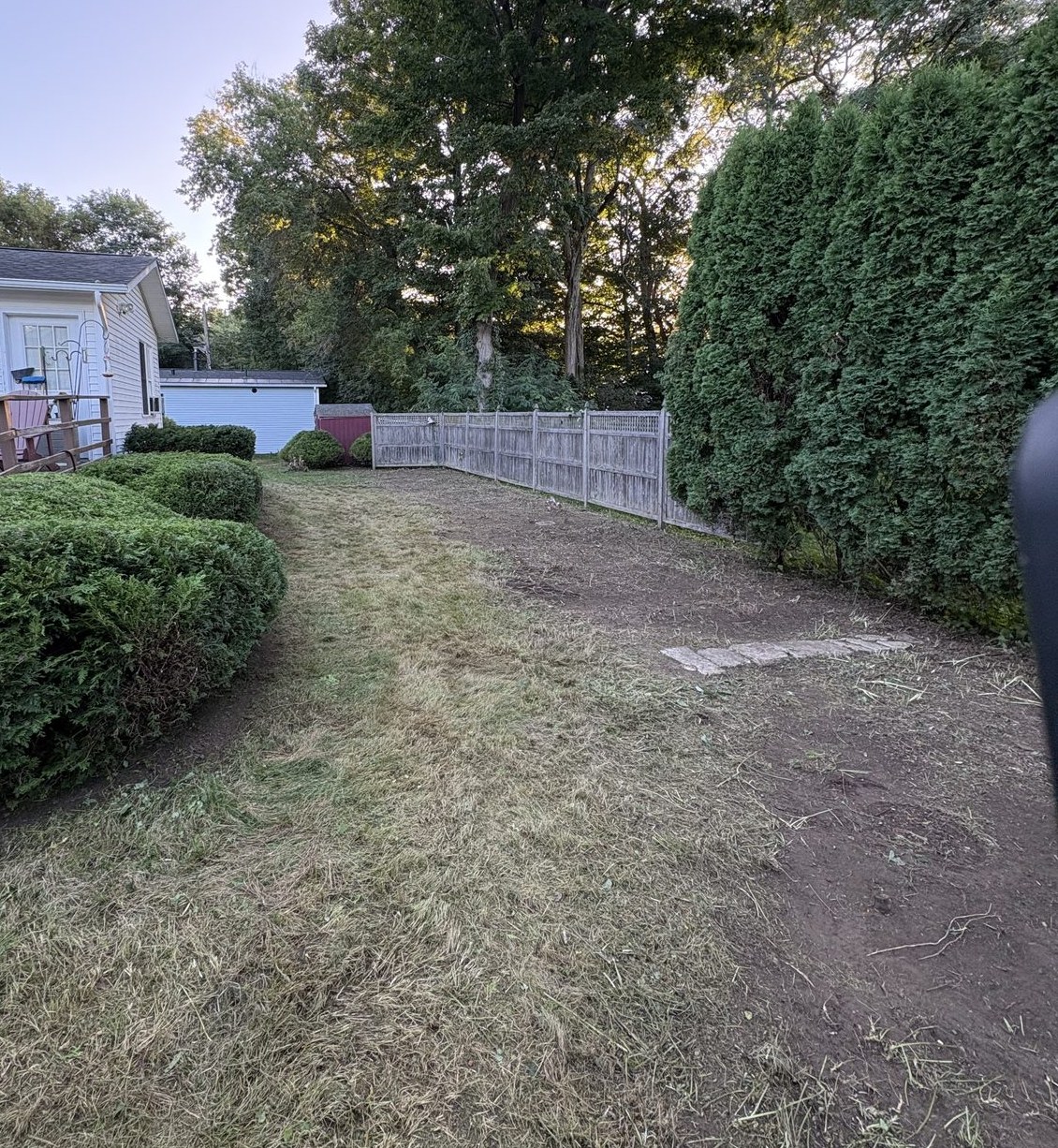 Cleared, mowed side yard along a fence line after brush clearing
